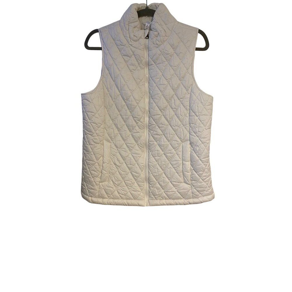 Time & Tru Women White Quilted Puffer Vest M Zip Front Pockets Lightweight Cozy